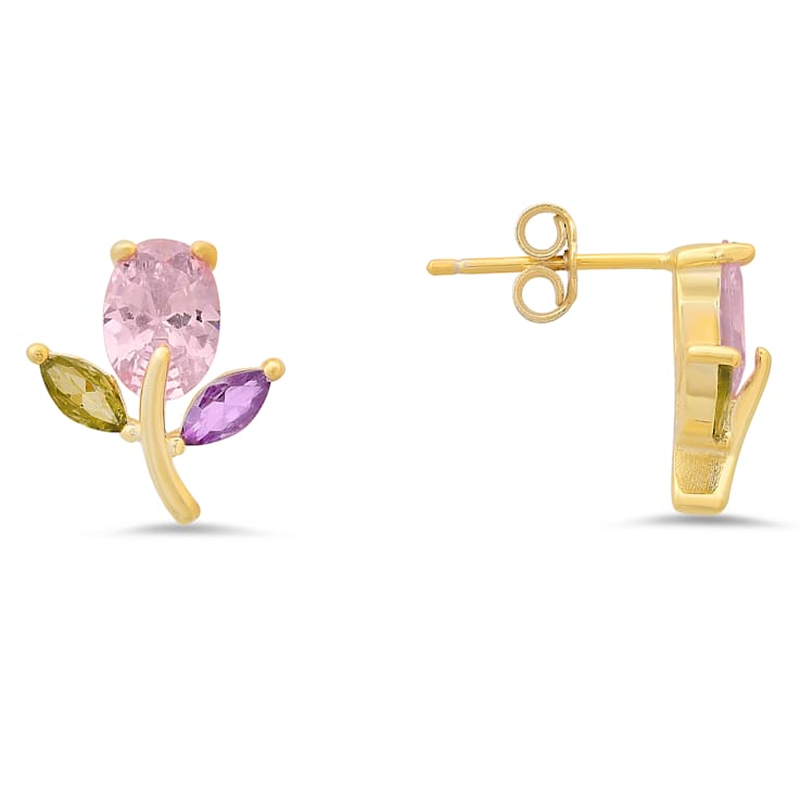 Pink, Champagne, And Purple Cubic Zirconia 14k Yellow Gold Over Silver
Earrings 2.05ctw