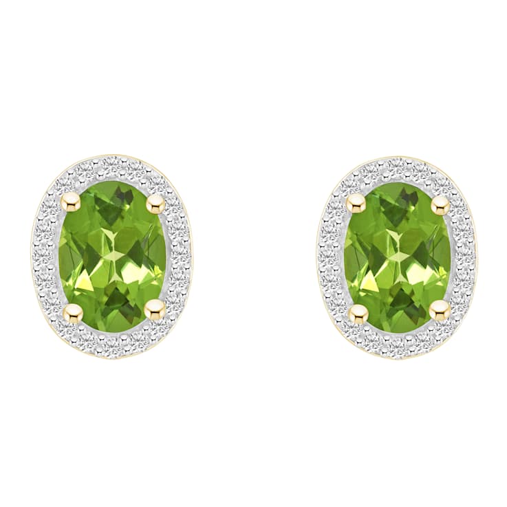 7x5mm Oval Peridot And Created White Sapphire 10k Yellow Gold Halo Stud Earrings