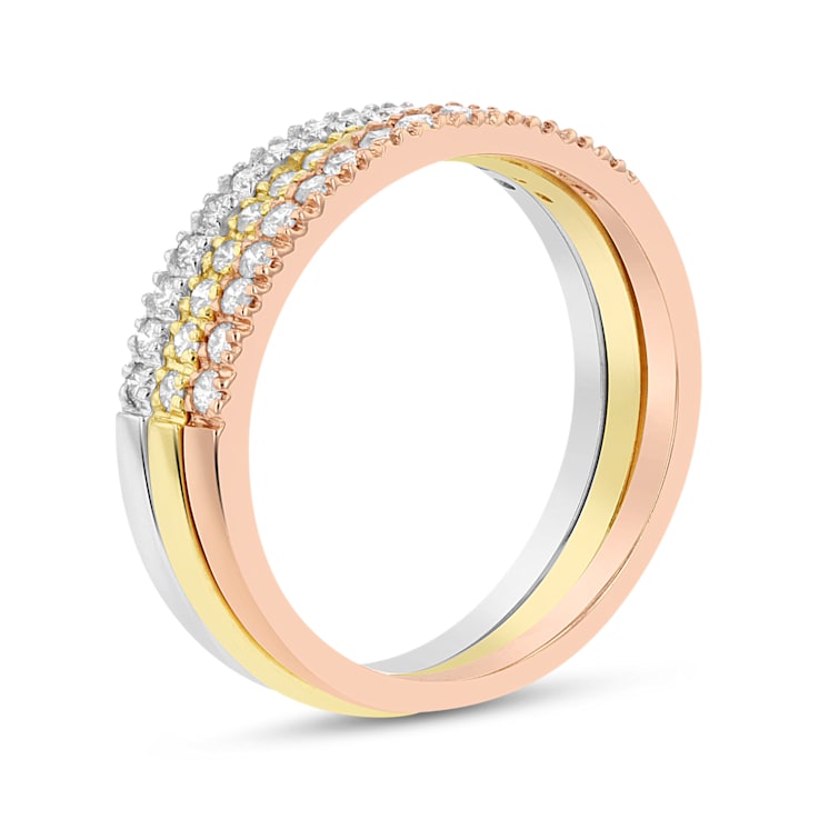 0.45ctw Diamond Stackable Band Ring Set of 3 in 14k Tri Color Gold