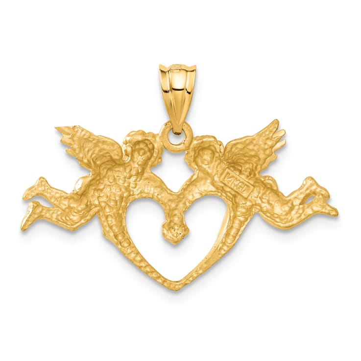 14k Yellow Gold Satin and Diamond-Cut Angels Heart Pendant