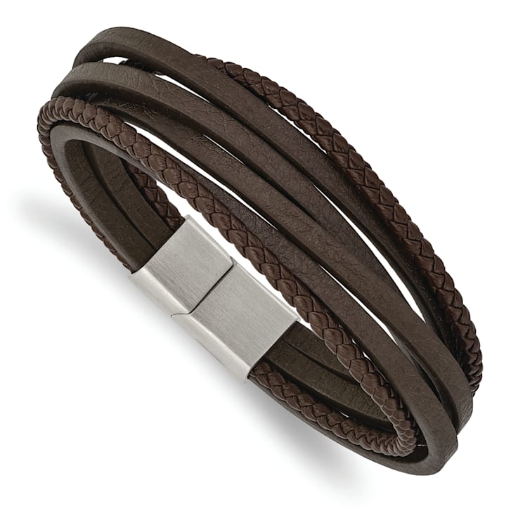 Brown Leather and Stainless Steel Brushed Multi Strand 8-inch Bracelet
