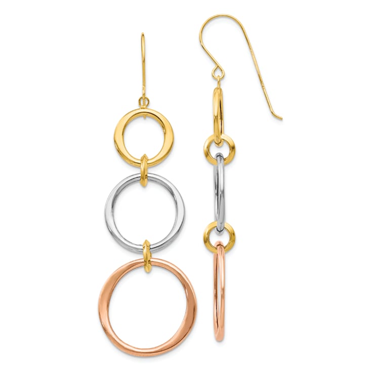 14K Tri-color gold Triple Circle Dangle Earrings
