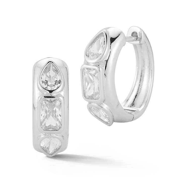 Rachel Zoe White CZ 3-Stone Hoop Earrings in Rhodium Over Sterling Silver