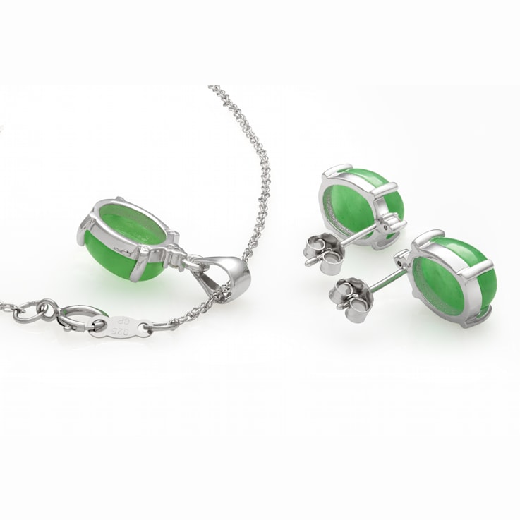 Sterling Silver Jadeite and Cubic Zirconia Pendant and Earring Set