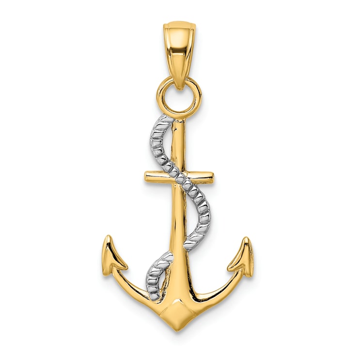 14k Two-tone Gold Polished Textured Anchor with Rope Pendant