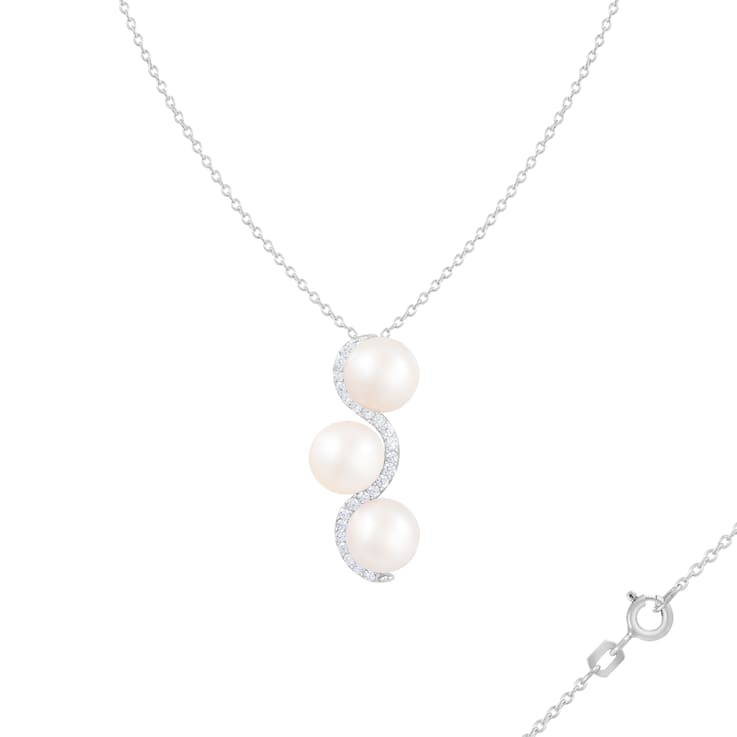 8-9mm White Cultured Freshwater Pearl Sterling Silver Pendant W/Chain