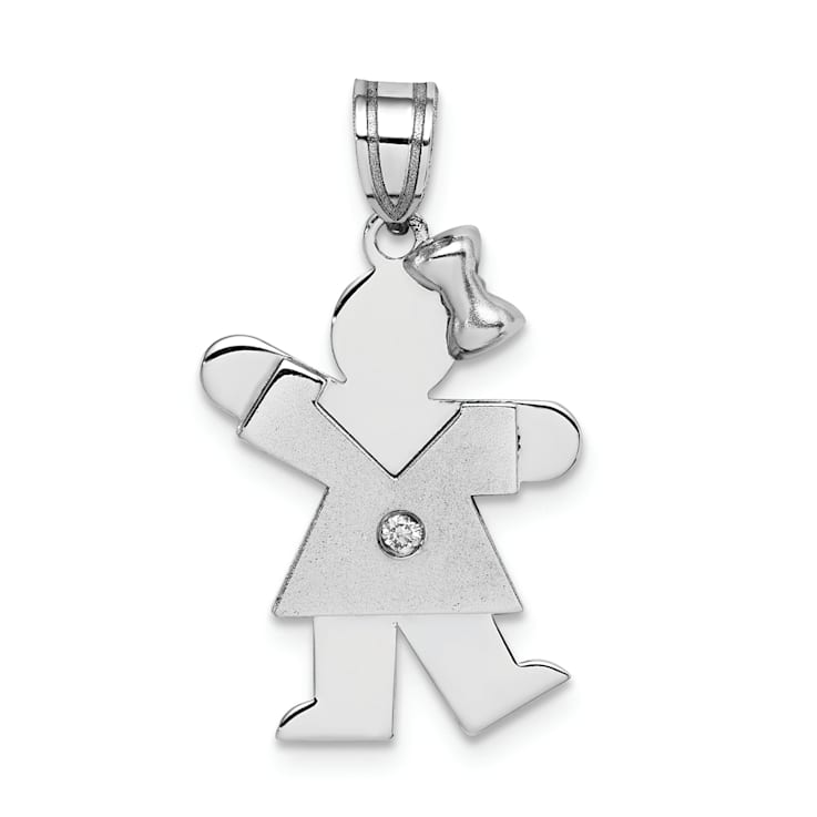 Rhodium Over 14k White Gold Satin Diamond Girl with Bow on Left Pendant