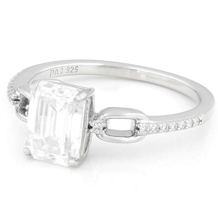 Moissanite Emerald-Cut Engagement Ring In Platinum-Enhanced Sterling Silver