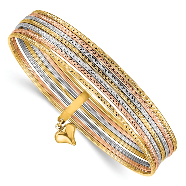 14k Yellow Gold, 14k White Gold and 14k Rose Gold Set of 7 Textured
Slip-on Bangle with Dangle Heart