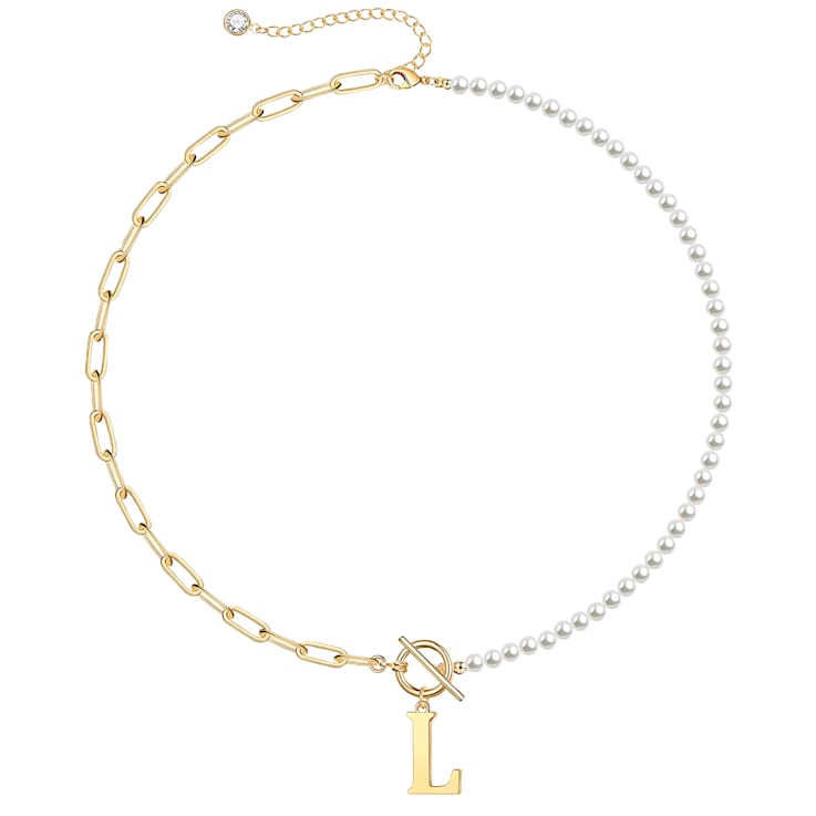 14K Gold Over Brass Initial Pearl Simulant Link Chain Necklace Letter L
