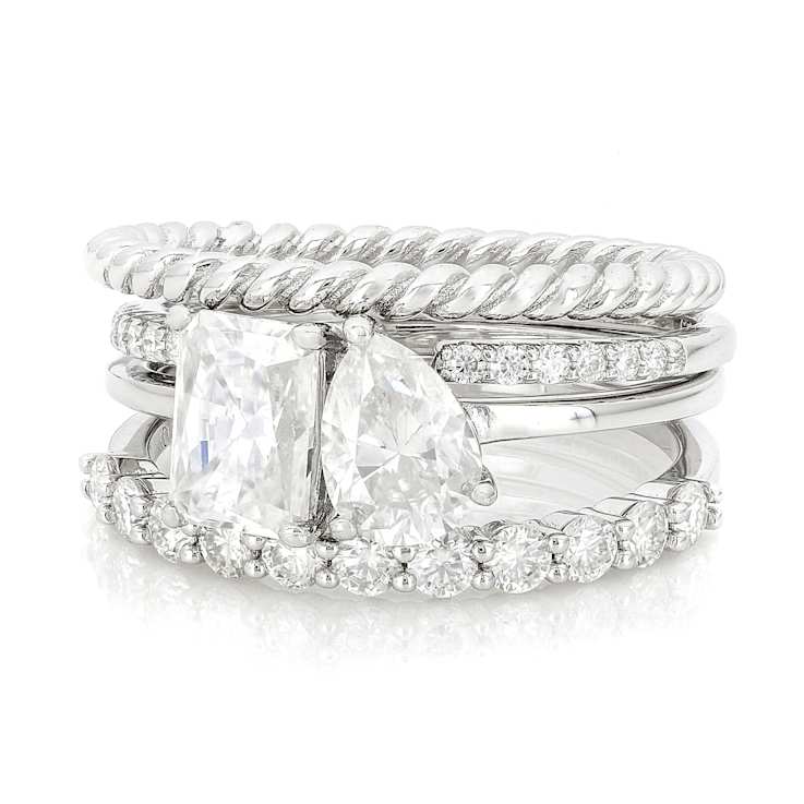 Moissanite Multi-Cut Ring Set of 3 in Platinum-Enhanced Sterling Silver