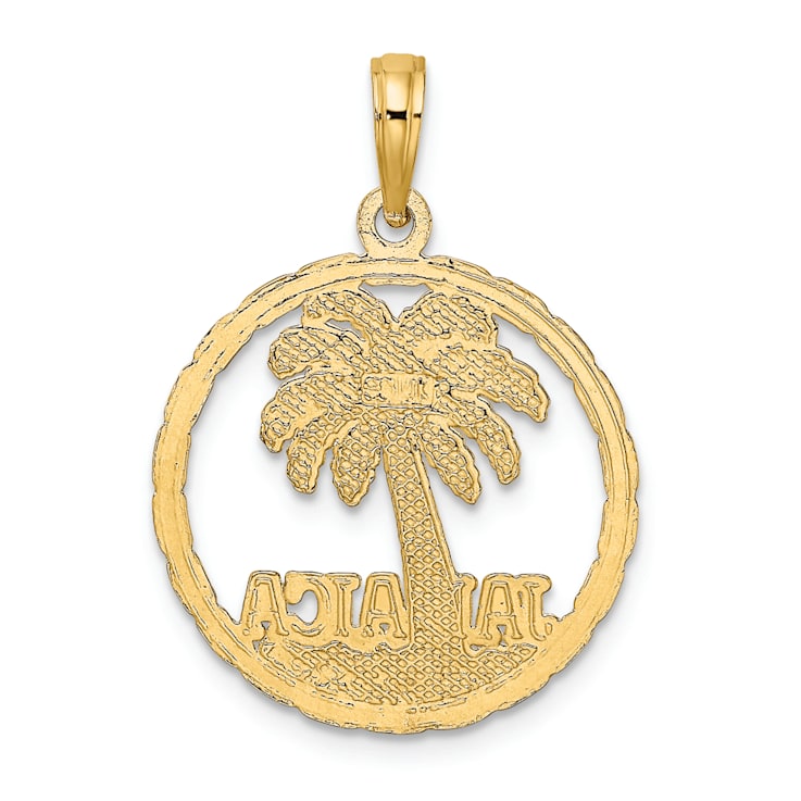 14k Yellow Gold Textured Jamaica With Palm Tree Inside Circle Charm