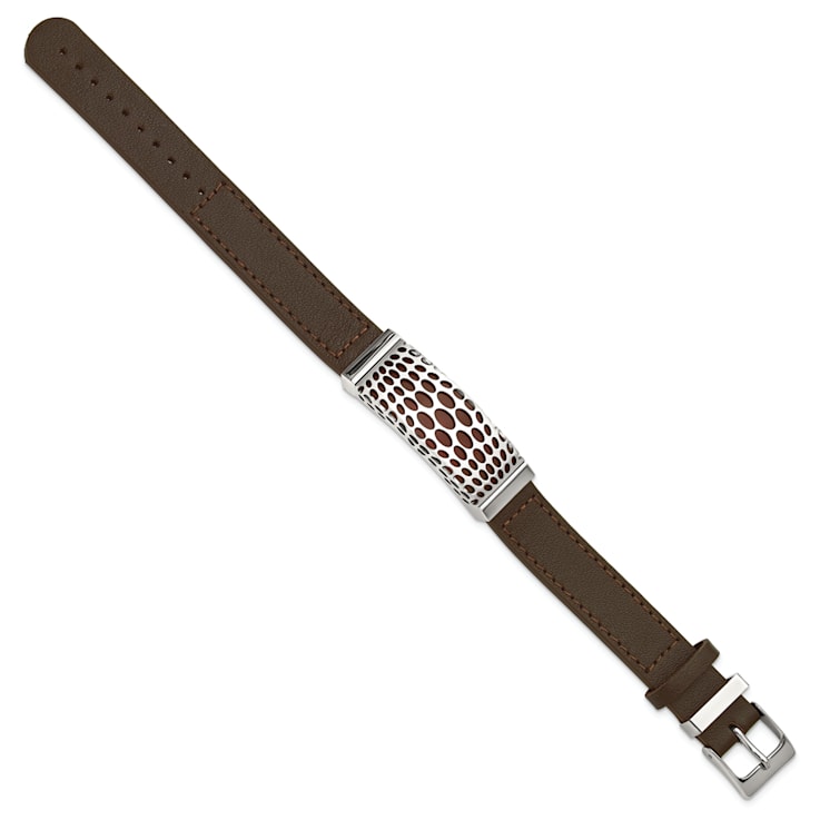 Brown Leather and Stainless Steel Red Agate 7-9-inch Bracelet