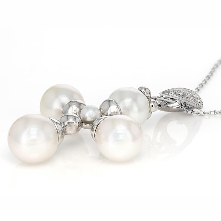 Akoya Pearl And White Sapphire Pendant In Sterling Silver 0.03ctw