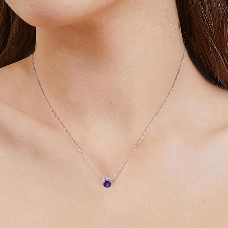 Dark Purple Amethyst with White Topaz Halo Rhodium Over Sterling Silver Necklace