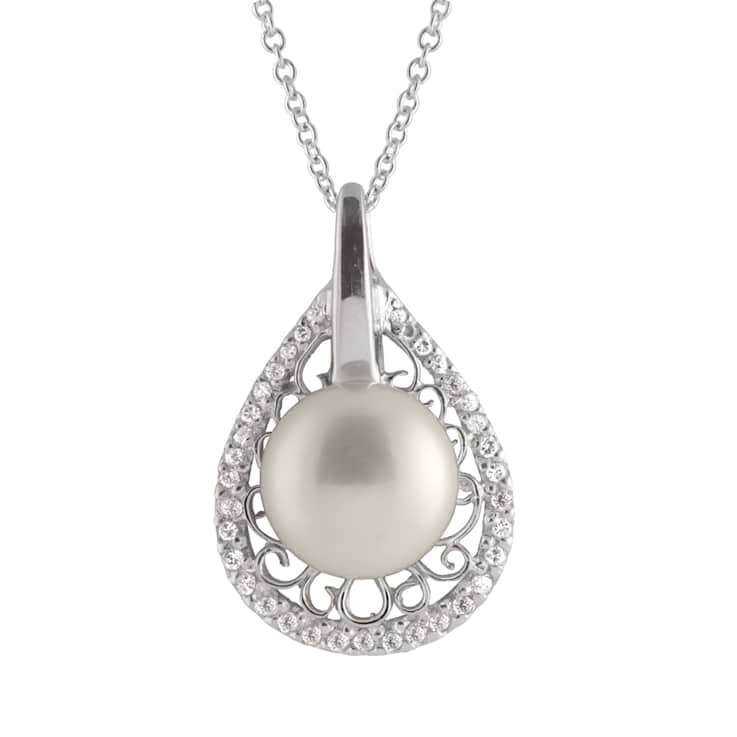 10-11mm Button White Cultured Freshwater Pearl and CZ Rhodium Over
Sterling Silver Pendant