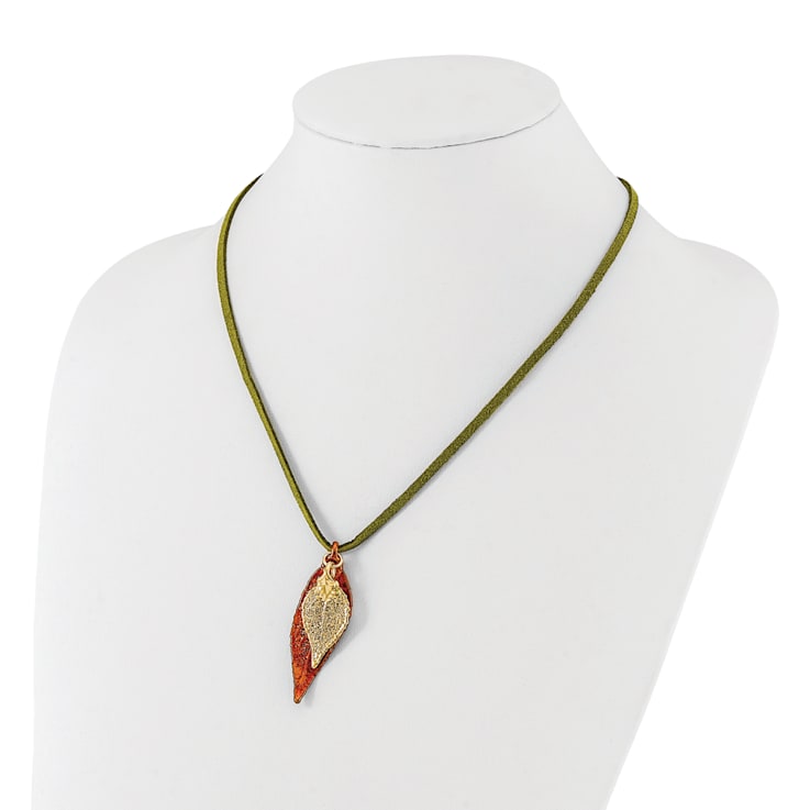 Iridescent Copper and 24k Yellow Gold Dipped Double Evergreen Leaf Necklace