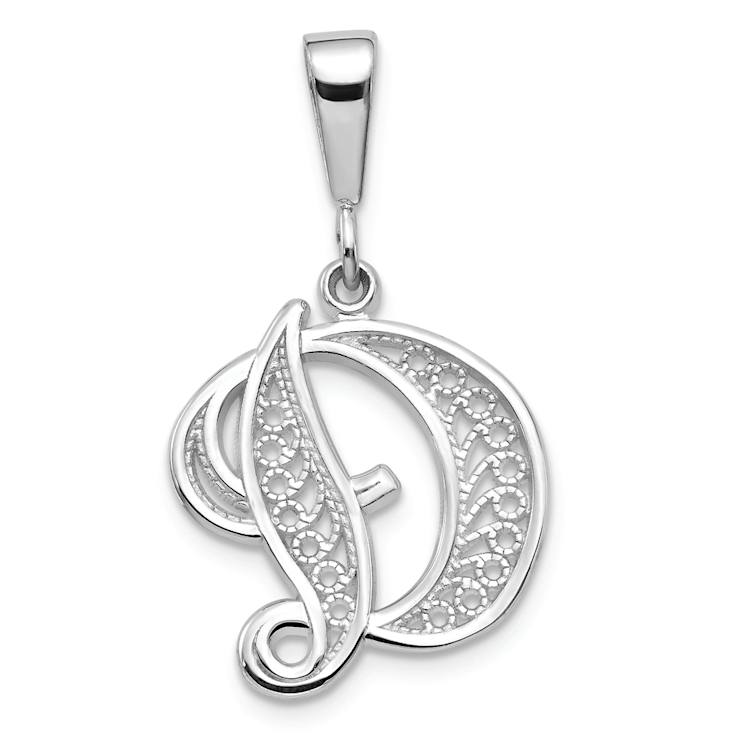 Rhodium Over 14k White Gold Solid Polished Script Filigree Textured
Letter D Initial Pendant