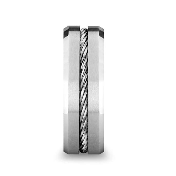 LANNISTER Men’s Tungsten Flat Wedding Band with Steel Wire Cable Inlay
and Beveled Edges 8mm
