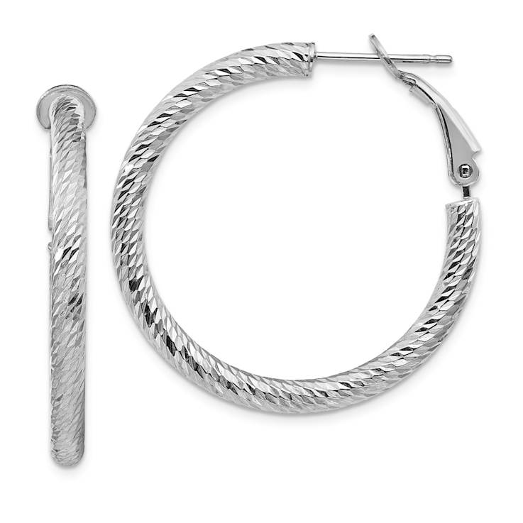 Rhodium Over 14k White Gold Diamond-Cut 1 1/4" Round Hoop Earrings