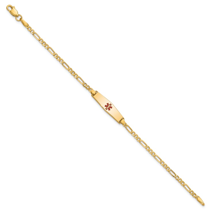 14k Yellow Gold Medical Soft Diamond Shape Red Enamel Figaro Link ID Bracelet