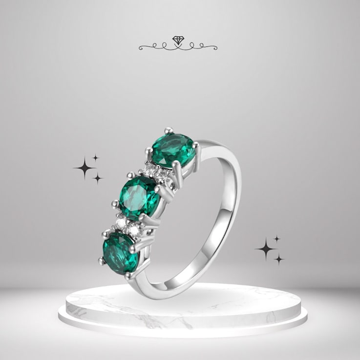 Green Emerald and Moissanite Sterling Silver 3-Stone Ring