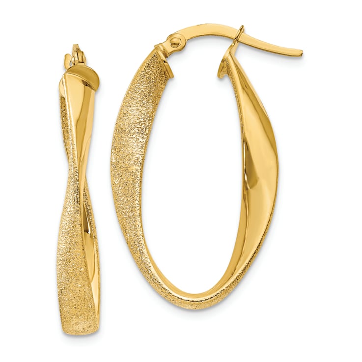 14k Yellow Gold Satin 3/8" Oval Twisted Hoop Earrings