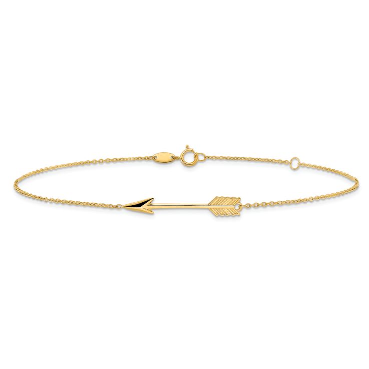 10k Yellow Gold Polished and Textured Arrow Charm Cable Link Anklet