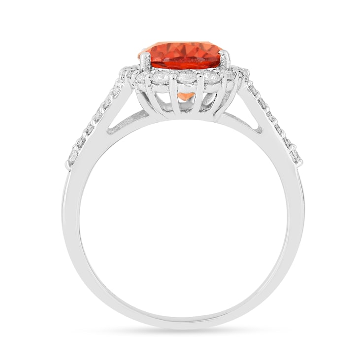 Peach Orange Lab Created Oval Padparadscha Sapphire Halo Ring in Rhodium
Over Sterling Silver