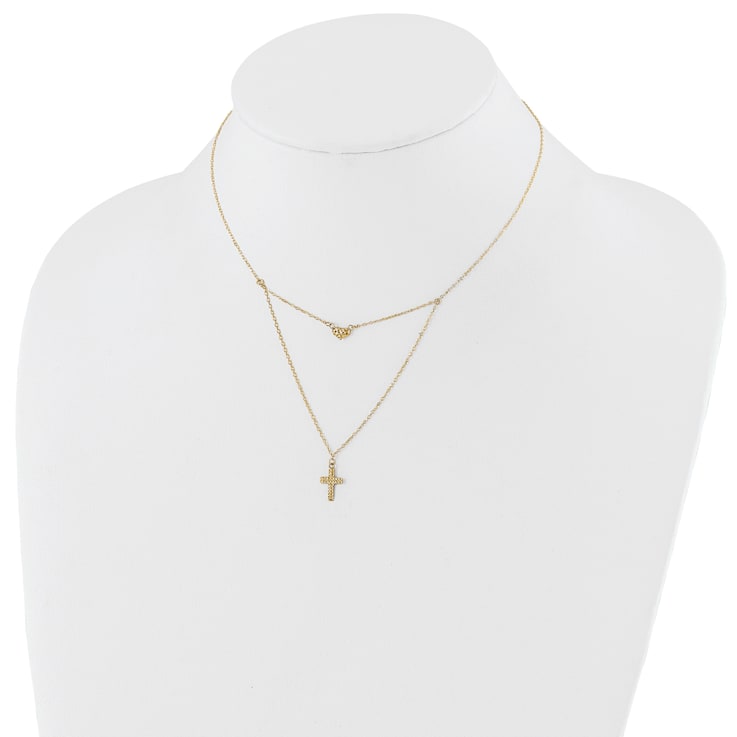 14K Yellow Gold Polished 2-Strand Diamond-cut Cross and Heart with
2-inch Extension Necklace