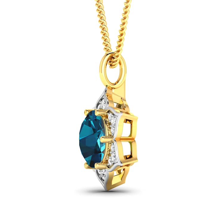 2.05ctw 14K Yellow Gold Blue London Blue Topaz and White Diamond Pendant
with 18 inch Cable Chain