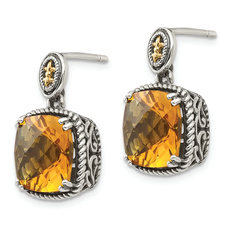 Sterling Silver Antiqued with 14K Accent Citrine Dangle Post Earrings