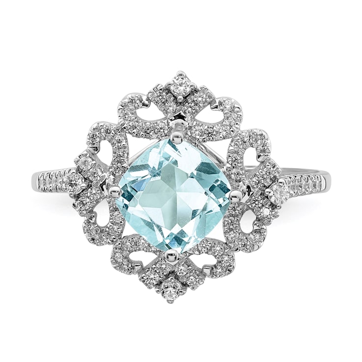 Rhodium Over 14K White Gold Aquamarine Vintage Diamond Halo Engagement Ring