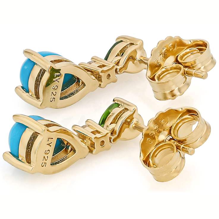 Turquoise Pear, Chrome Diopside And White Zircon Earrings In 18K Gold
Over Sterling Silver 0.29ctw