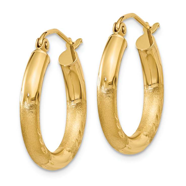 14k Yellow Gold 13/16" Satin and Diamond-Cut Round Hoop Earrings