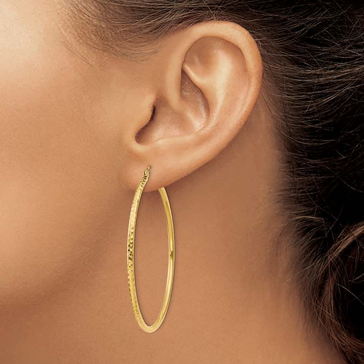14k Yellow Gold Diamond-Cut 1 15/16" Round Tube Hoop Earrings