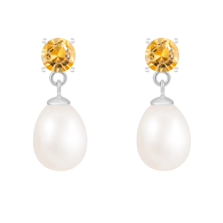 White Freshwater Pearl And CitrIne Dangle Earrings In Sterling Silver