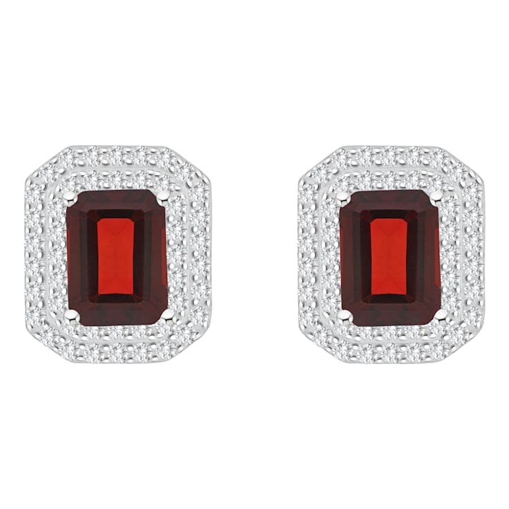 8x6mm Emerald Cut Garnet And White Topaz Accent Rhodium Over Sterling
Silver Double Halo Earrings