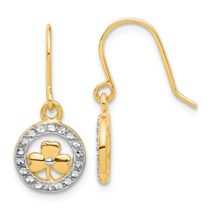 14k Yellow Gold and Rhodium Over 14k Yellow Gold Diamond-Cut Clover in
Circle Dangle Earrings
