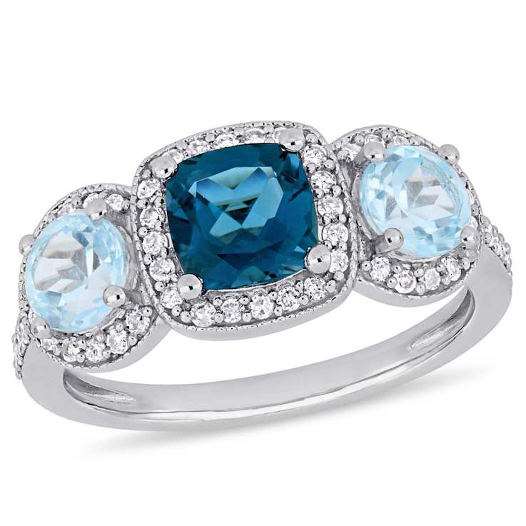 2.17ctw London Blue and Sky Blue Topaz with.33ctw Diamond 3-Stone Ring
in Sterling Silver