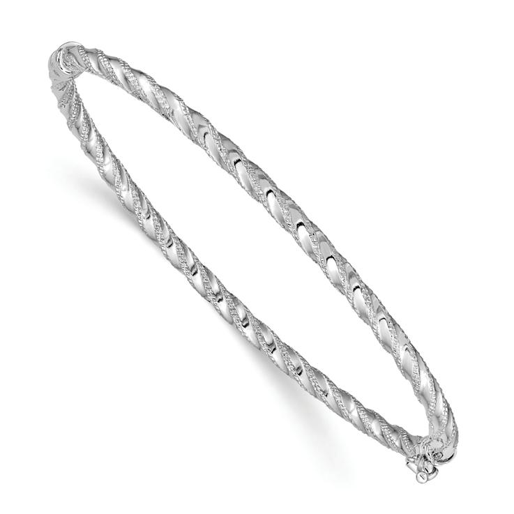 Rhodium Over 14k White Gold 3mm Polished and Textured Hinged Bangle Bracelet