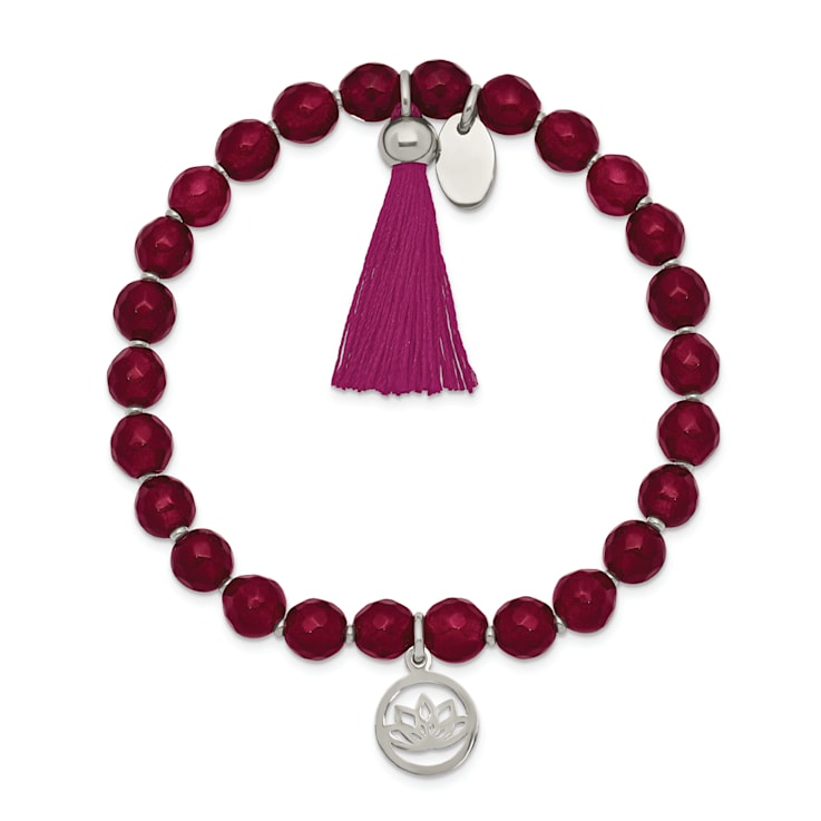 Stainless Steel Polished Lotus with Tassel Pink Jade Beaded Stretch Bracelet