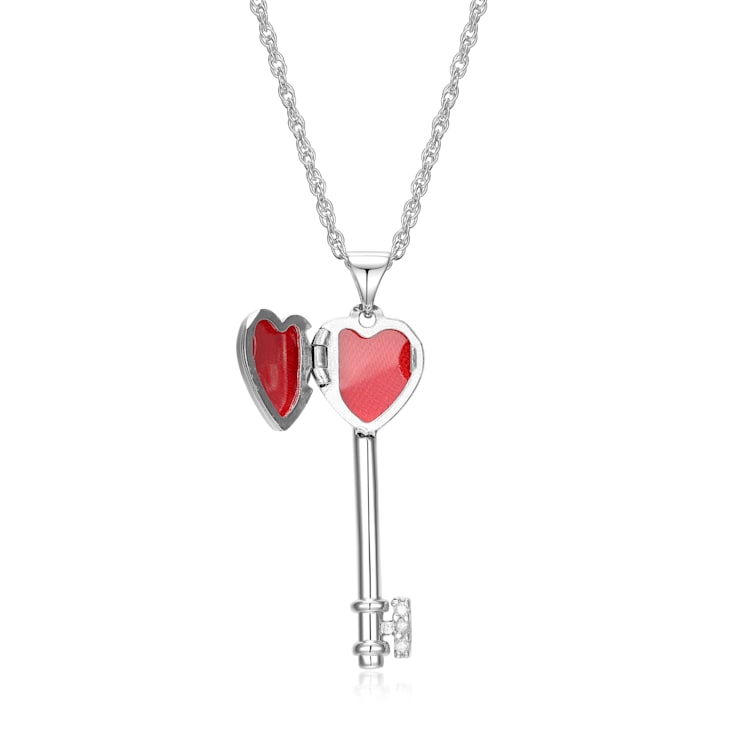 White Diamond Accent Rhodium Over Sterling Silver Heart Key Locket
Pendant With Chain