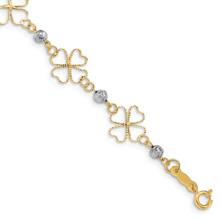 14k Two-tone Gold Diamond-Cut Open Clovers and Beads Link Bracelet