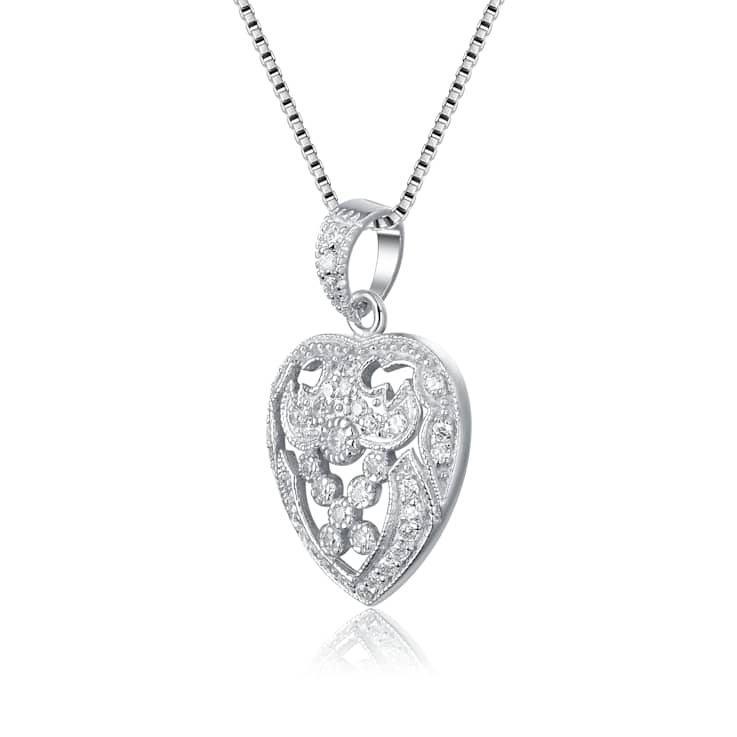 CZ Intricate Heart Pendant Necklace In Sterling Silver