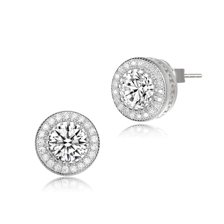 CZ Halo Stud Earrings In Sterling Silver