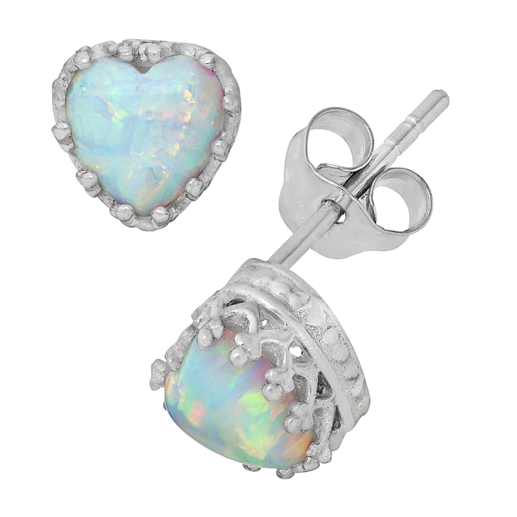 Lab Created Opal Sterling Silver Heart Earrings 1.00ctw
