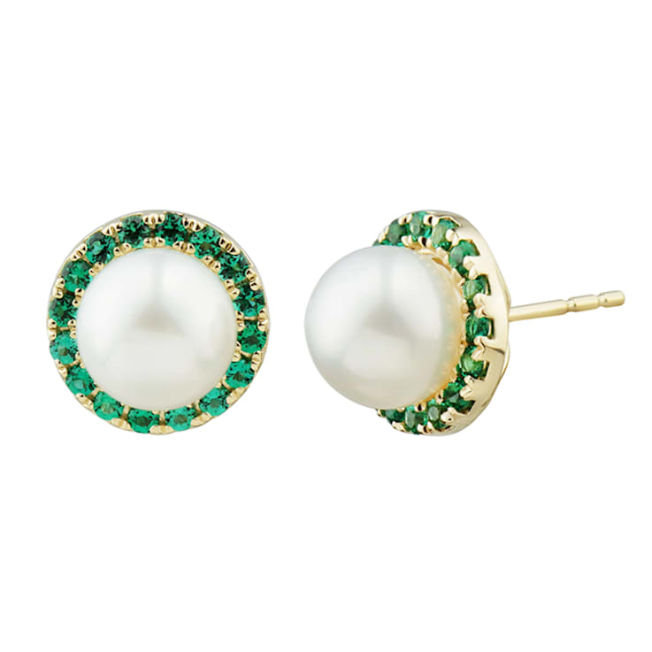 7-7.5mm Round White Freshwater Pearl and Emerald 10K Yellow Gold Halo
Stud Earrings