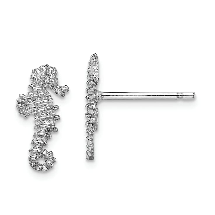 Rhodium Over 14k White Gold Textured Mini Seahorse Stud Earrings
