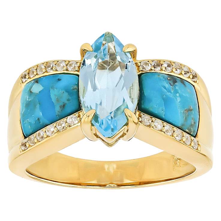 Blue Topaz, Inaly Turquoise And White Zircon Ring In 18K Gold Over
Sterling Silver 1.97ctw